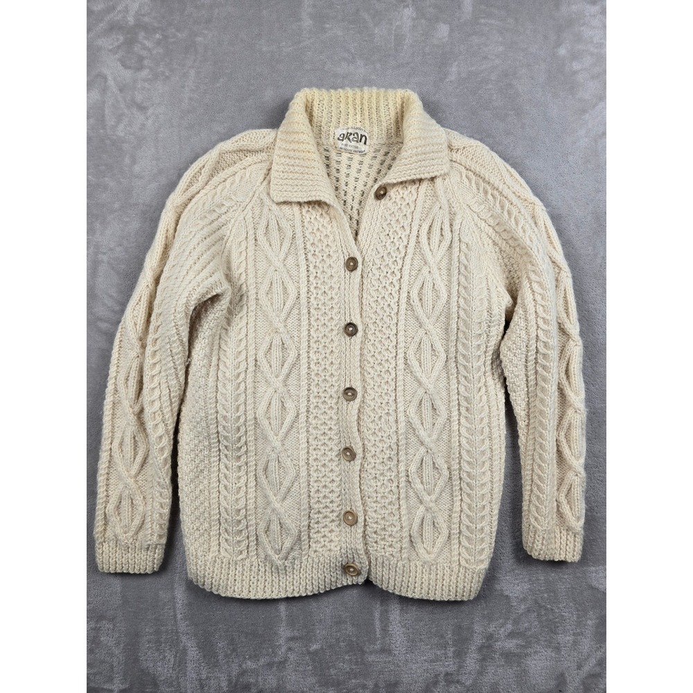 Vintage Aran Hand Knitted Cardigan Sweater Women M/L Cream Wool Cable Knit *Read